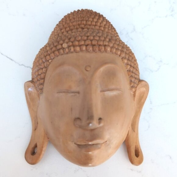 Vintage Handcarved Suar Wood Buddha Face Wall sculpture Buddhism Indonesia - Picture 1 of 6
